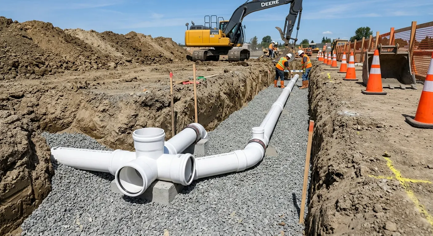 New PVC sewer pipe installation in open trench for Sewer Backup in Bainbridge Island