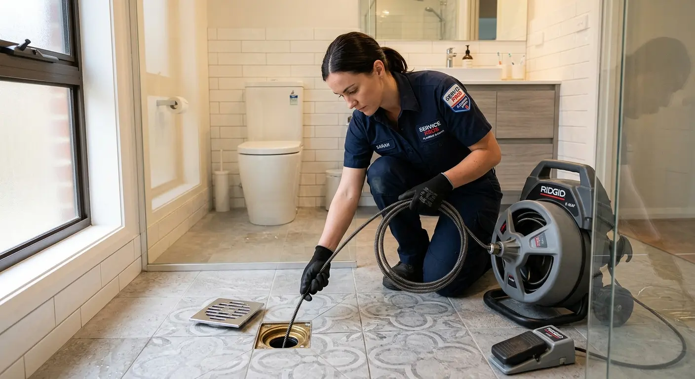 Technician clearing a bathroom floor drain for Drain Repair in Bainbridge Island